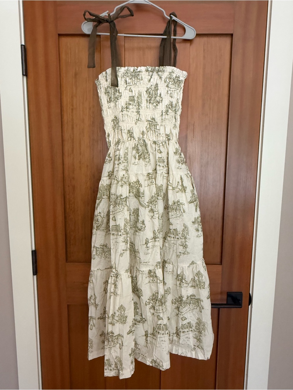 En Saison Nordstrom  Cream Sundress with Olive Toile Print and Brown Tie Strap